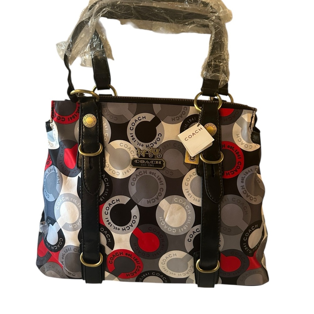 Coach NWT Multicolor Signature Tote Satchel Leather Trim Large Designer Handbag - Picture 3 of 9
